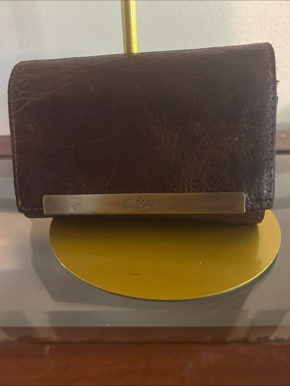 Patricia Nash Brown Leather Trifold Wallet with Gold Accent